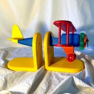 Wooden Plane Bookends primary colors movable parts.